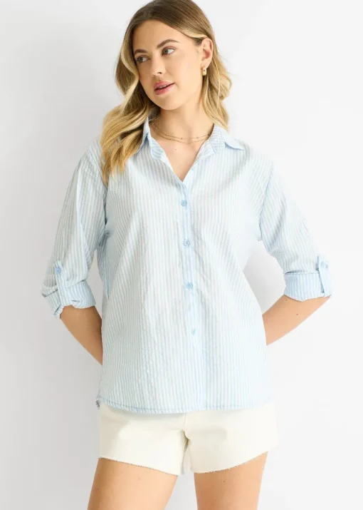 Gini London Blue Cotton Stripe Roll Up Sleeves Shirt