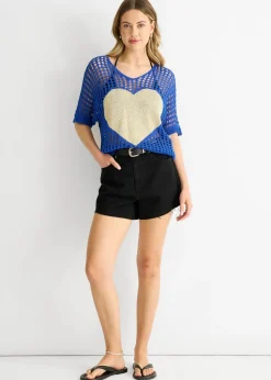 Gini London Blue Fish Net Heart Pattern Crochet Top