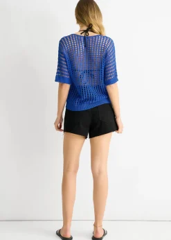 Gini London Blue Fish Net Heart Pattern Crochet Top