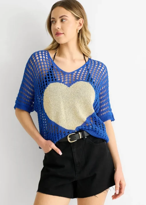 Gini London Blue Fish Net Heart Pattern Crochet Top
