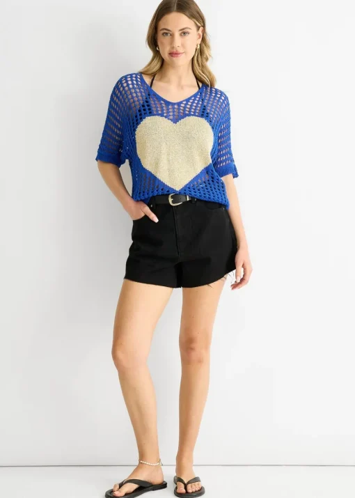 Gini London Blue Fish Net Heart Pattern Crochet Top