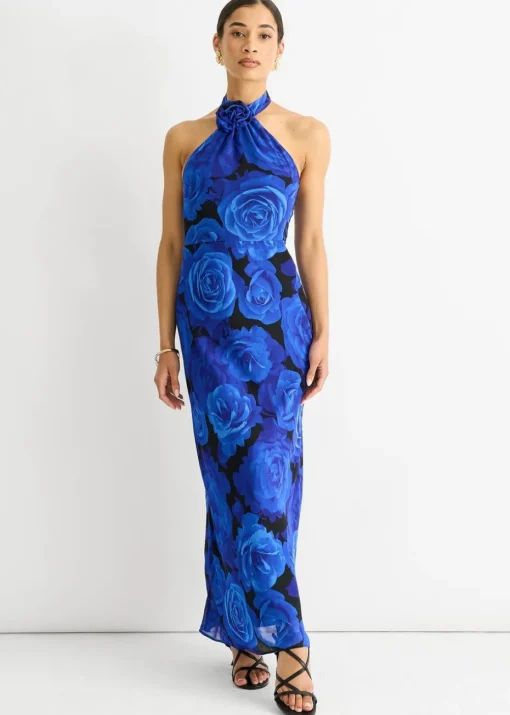 Gini London Blue Floral Occasion Halter Maxi Dress