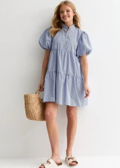 Gini London Blue Puff Sleeve Stripe Tiered Dress