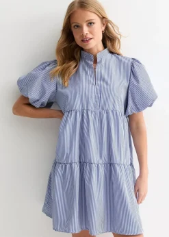 Gini London Blue Puff Sleeve Stripe Tiered Dress