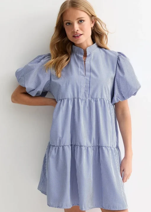 Gini London Blue Puff Sleeve Stripe Tiered Dress