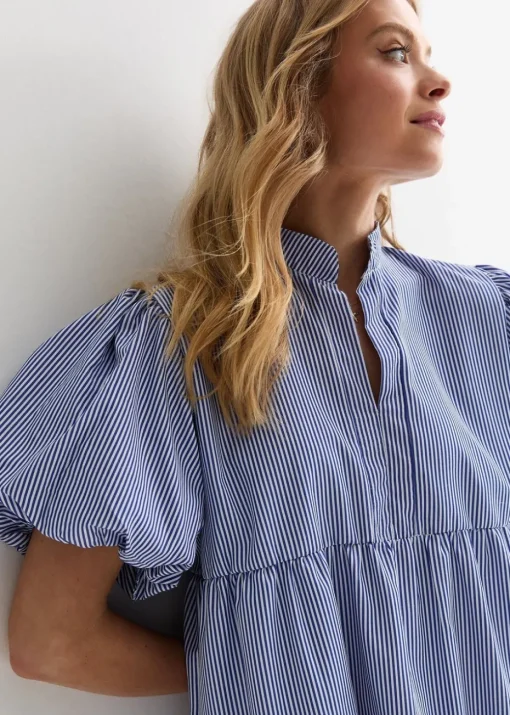 Gini London Blue Puff Sleeve Stripe Tiered Dress
