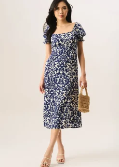 Gini London Blue Short Puff Sleeve Split Hem Midi Dress