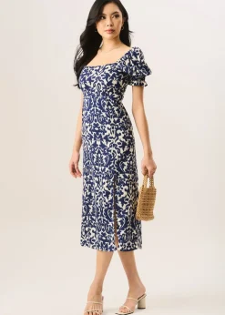 Gini London Blue Short Puff Sleeve Split Hem Midi Dress