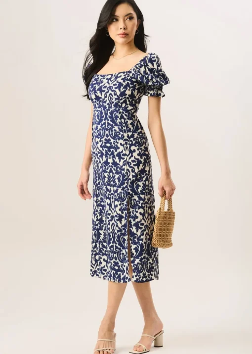 Gini London Blue Short Puff Sleeve Split Hem Midi Dress
