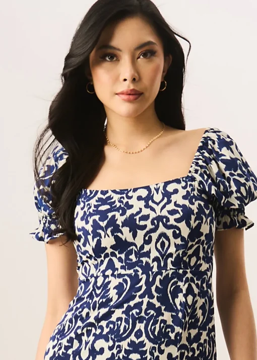 Gini London Blue Short Puff Sleeve Split Hem Midi Dress