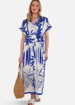 Gini London Blue Tropical Print Midi Shirt Dress