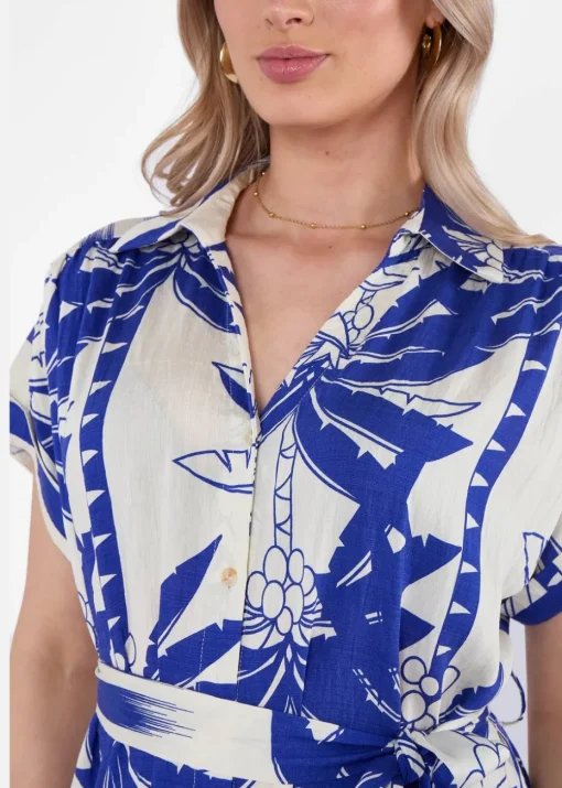 Gini London Blue Tropical Print Midi Shirt Dress