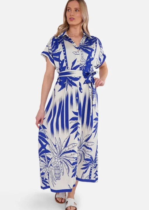 Gini London Blue Tropical Print Midi Shirt Dress