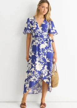 Gini London Blue Viscose Floral Wrap Midi Dress