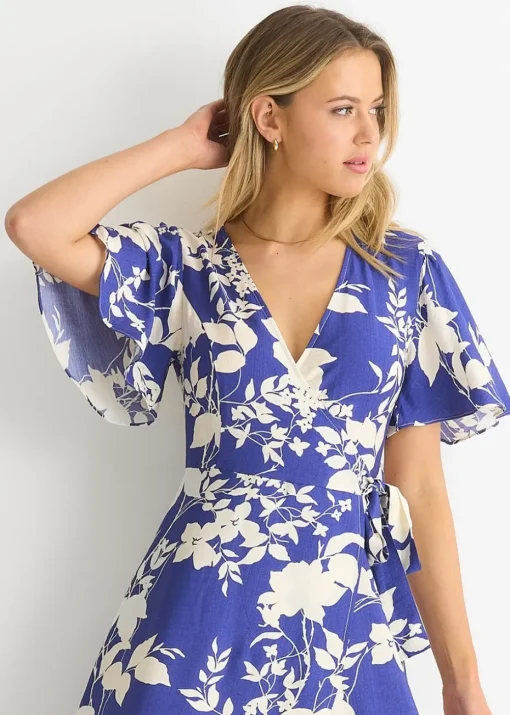 Gini London Blue Viscose Floral Wrap Midi Dress