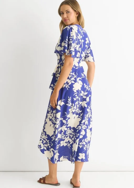 Gini London Blue Viscose Floral Wrap Midi Dress