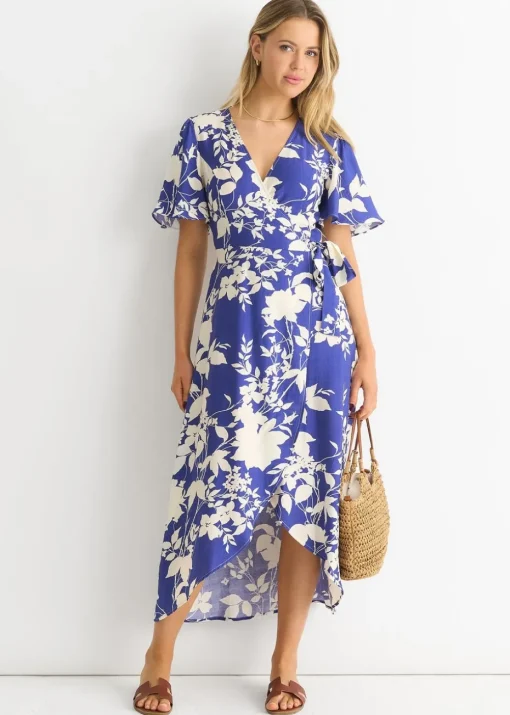 Gini London Blue Viscose Floral Wrap Midi Dress
