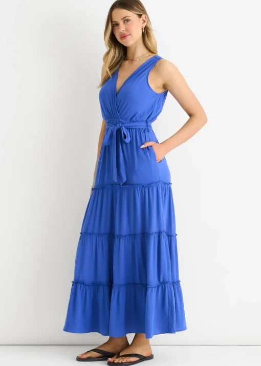 Gini London Blue Viscose Wrap Tiered Maxi Dress
