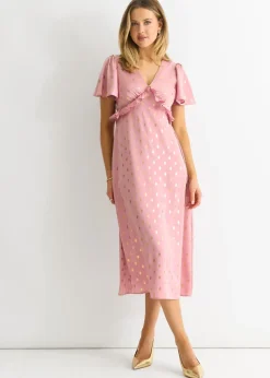 Gini London Blush Metallic Foil V Neck Midi Dress