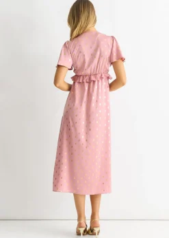 Gini London Blush Metallic Foil V Neck Midi Dress