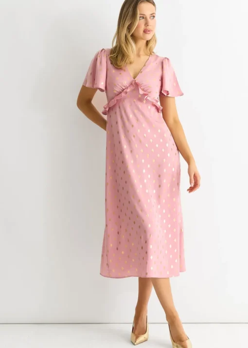 Gini London Blush Metallic Foil V Neck Midi Dress