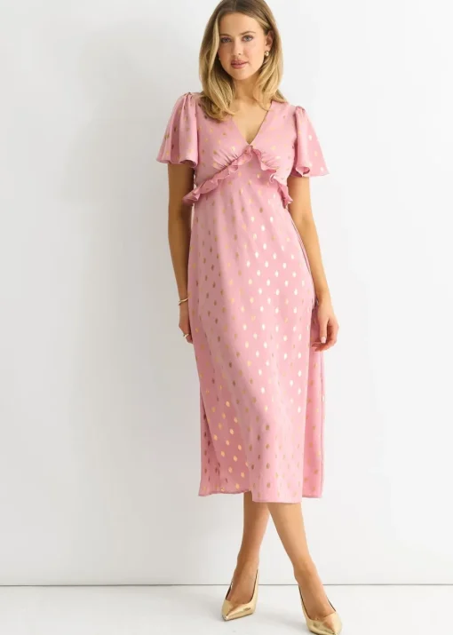 Gini London Blush Metallic Foil V Neck Midi Dress