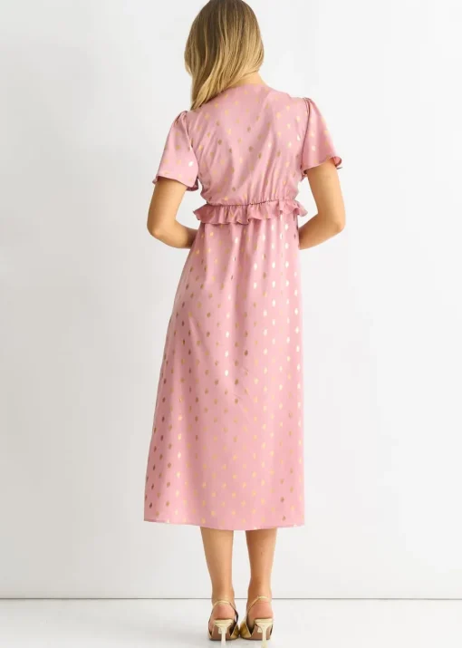 Gini London Blush Metallic Foil V Neck Midi Dress