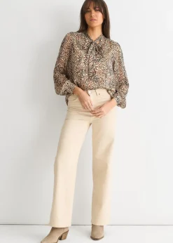 Gini London Brown Animal Print Long Sleeves Tie Neck Blouse