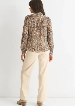Gini London Brown Animal Print Long Sleeves Tie Neck Blouse