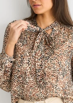 Gini London Brown Animal Print Long Sleeves Tie Neck Blouse