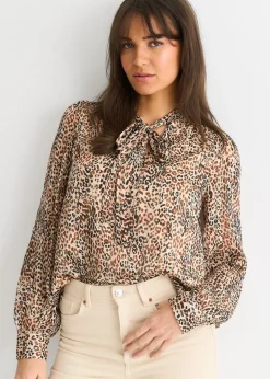Gini London Brown Animal Print Long Sleeves Tie Neck Blouse