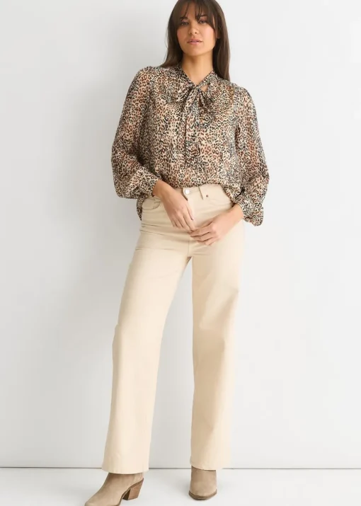 Gini London Brown Animal Print Long Sleeves Tie Neck Blouse