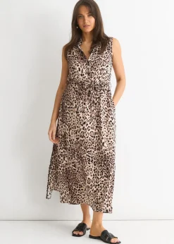 Gini London Brown Animal Print Pocket Detail Shirt Dress