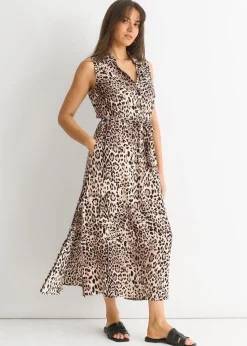 Gini London Brown Animal Print Pocket Detail Shirt Dress