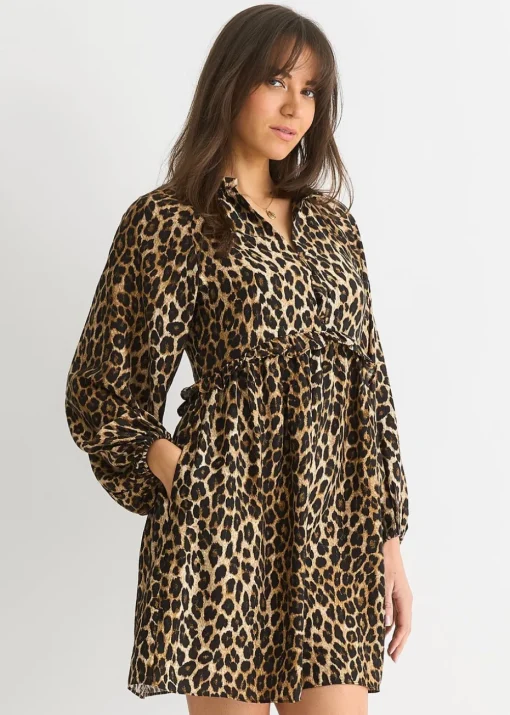Gini London Brown Animal Smock Mini Dress