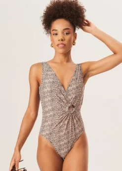 Gini London Brown D Ring Detail Wrap Front Swimsuit