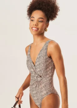 Gini London Brown D Ring Detail Wrap Front Swimsuit
