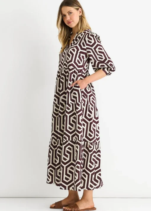 Gini London Brown Geo Print Smock Maxi Dress