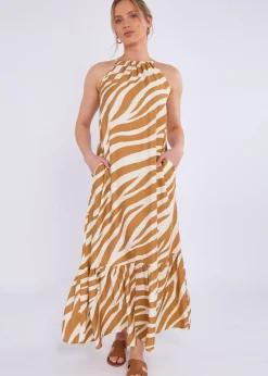 Gini London Brown Zebra Print Halter Neck Maxi Dress