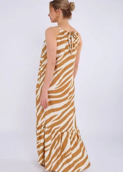 Gini London Brown Zebra Print Halter Neck Maxi Dress