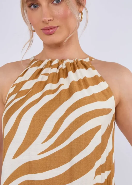 Gini London Brown Zebra Print Halter Neck Maxi Dress