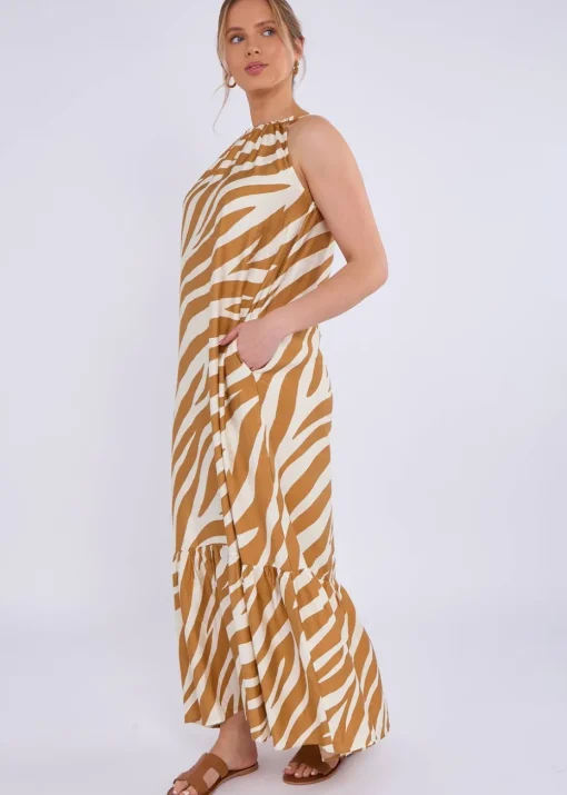Gini London Brown Zebra Print Halter Neck Maxi Dress