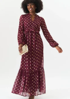 Gini London Burgandy Foil Print Ruffle Midi Dress