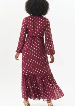 Gini London Burgandy Foil Print Ruffle Midi Dress