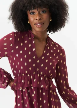 Gini London Burgandy Foil Print Ruffle Midi Dress