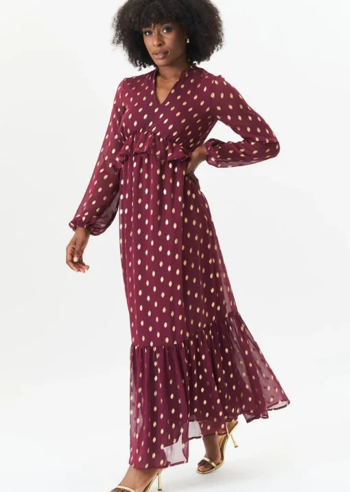 Gini London Burgandy Foil Print Ruffle Midi Dress