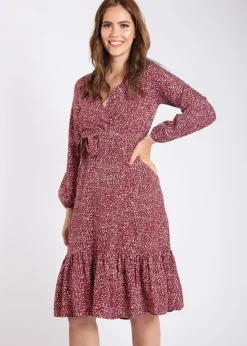 Gini London Burgundy Animal  Print Split Detail Midi Wrap Dress