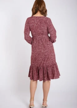 Gini London Burgundy Animal  Print Split Detail Midi Wrap Dress