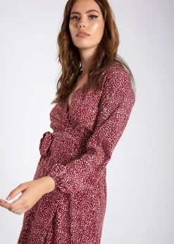 Gini London Burgundy Animal  Print Split Detail Midi Wrap Dress