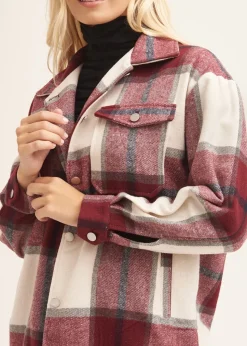 Gini London Burgundy Check Oversized Pocket Detail Shacket